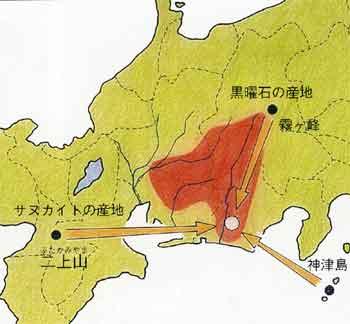 石材の産地と広野C式土器の分布図