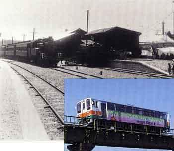 二俣線の開通と森川橋を渡る天竜浜名湖鉄道ディーゼルの2つの写真