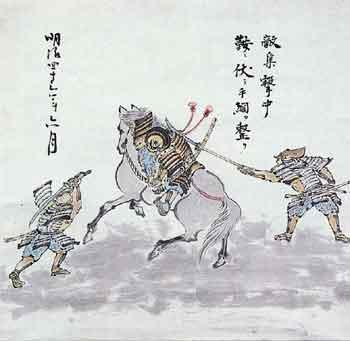 敵兵に襲れる馬上の武将藤三郎のイラスト