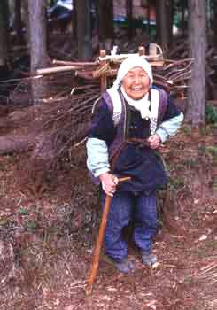 薪を運んでいる老婆の写真