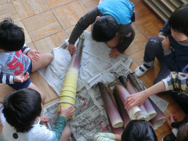 教室に新聞を広げ、タケノコの皮をむいて並べている園児たちの写真
