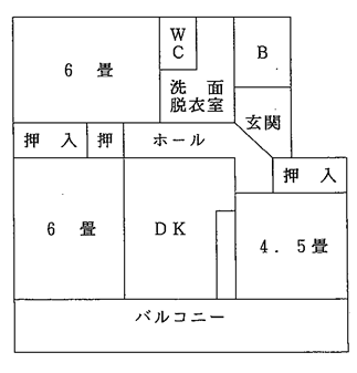 バルコニー・ダイニングキッチンと6畳、4.5畳の部屋の間取り図