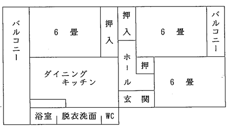 バルコニー2つとダイニングキッチン、6畳3部屋の間取り図